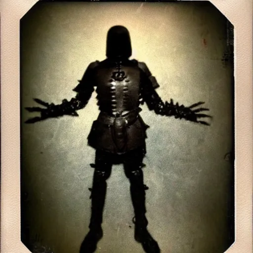 Image similar to full-body dark creepy gothic realistic found photograph polaroid a decapitated soldier with futuristic elements. he welcomes you under with no head, empty helmet inside is occult mystical symbolism headless full-length view. standing on ancient altar eldritch energies disturbing frightening, hyper realism, 8k, sharpened depth of field, 3D