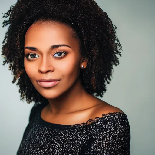 Image similar to a closeup portrait of a black woman with brown hair and brown eyes. Extremely clear and high quality eyes with reflection, realistic face and details, clear lips and high quality