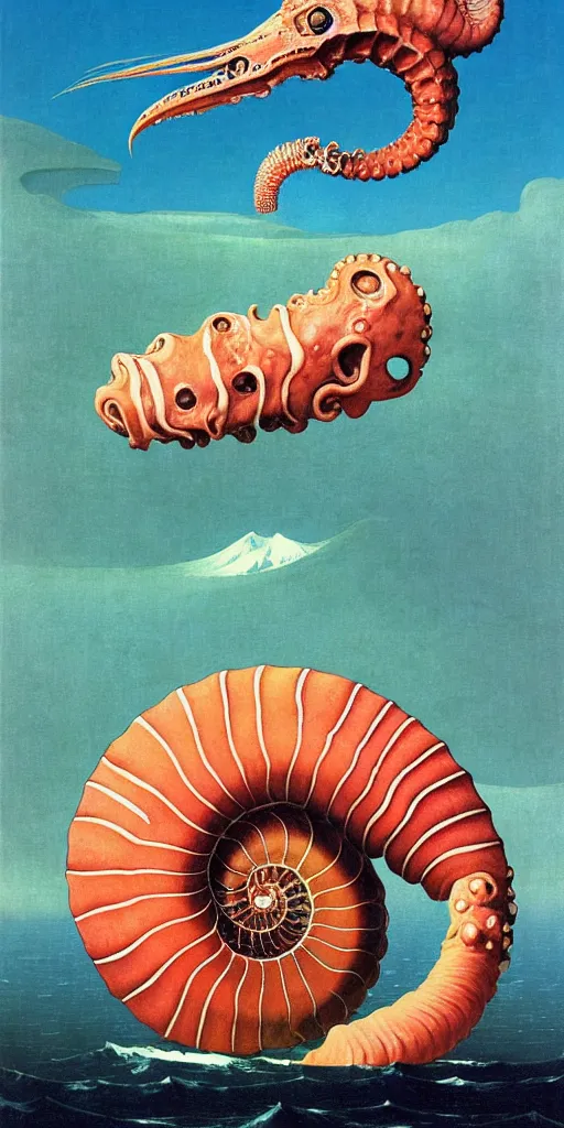 Prompt: portrait of the ammonite skesis supermodel clad in coral armor biting into a juicy squid, by kawase hasui, dorothea tanning, moebius, edward hopper and james gilleard, aivazovsky, zdzislaw beksinski, steven outram colorful flat surreal design