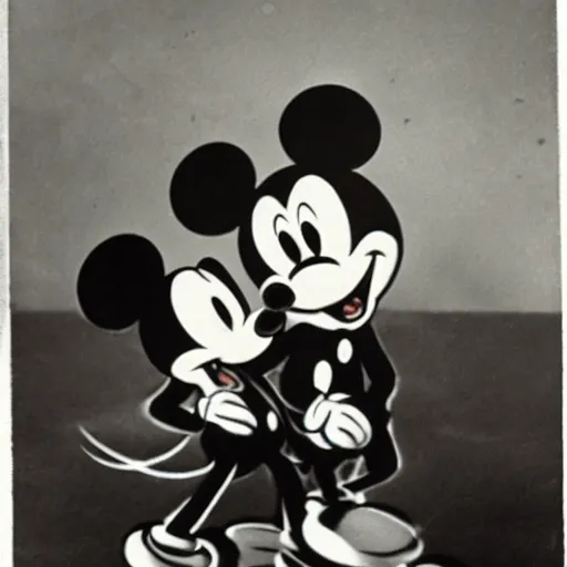 Image similar to vintage 1 9 3 0 s mickey mouse biting a bloody fish
