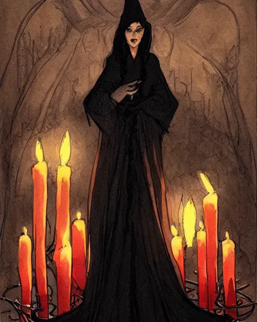 Prompt: a mystical witch in a black shawl, surrounded by floating lit red candles in an underground lair. by abigail larson