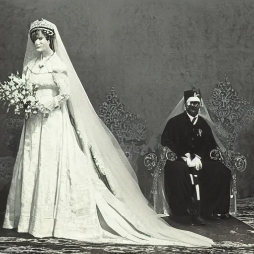 Image similar to Closeup intermediate shot, colored black and white, historical fantasy photographic image of a royal wedding of the groom who is waiting for his wife while appearing utterly afraid. An image from 1907 taken during the royal wedding's official wedding photographer's golden hour displays warming lighting. cinema, hyper realistic, ultra realistic, photorealistic, facial actuary.