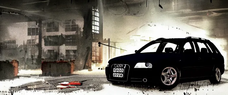 Image similar to Audi A4 B6 Avant (2002), a gritty neo-noir, dramatic lighting, cinematic, eerie person, death, homicide, homicide in the snow, viscera splattered, gunshots, bullet holes, establishing shot, extremely high detail, photorealistic, raging fire at a warehouse, arson, cinematic lighting, artstation, by simon stalenhag, Max Payne (PC) (2001) winter New York at night, In the style of Max Payne 1 graphic novel, flashing lights, Poets of the Fall - Late Goodbye