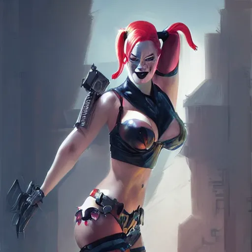 Image similar to portrait of Harley Quinn in bikini armor, dc comics, cyberpunk, Warhammer 40000, dark fantasy, digital art from artstation by Ruan Jia and Mandy Jurgens and Artgerm and william-adolphe bouguereau
