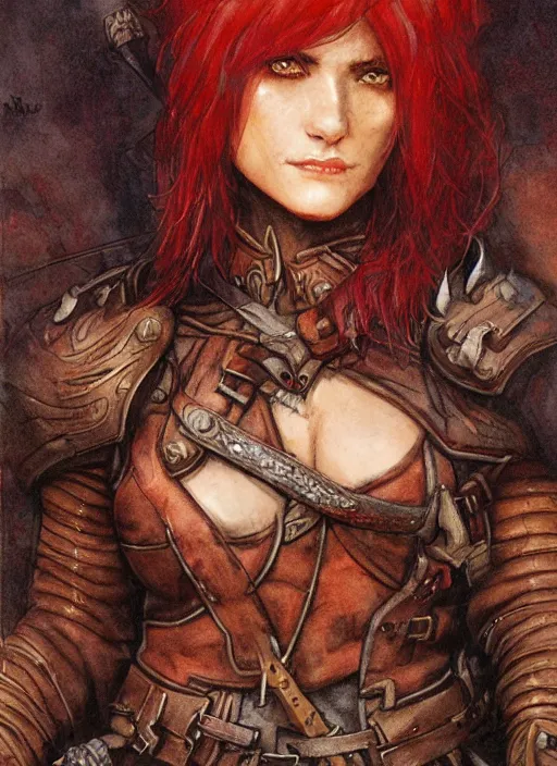 Image similar to portrait of strong female ranger, beautiful! coherent! dungeons and dragons character, by brian froud, strong line, deep color, leather armor, short red hair, high contrast