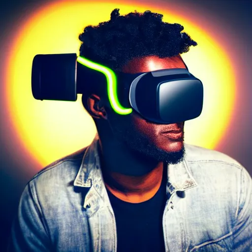 Image similar to dark skinned man wearing futuristic vr headset neon lights ambient light unity game ultra - realistic