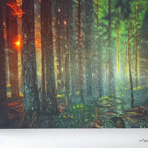 Prompt: sunrise nordic forest, sparkling spirits, detailed wide shot, crayon, ground detailed, wet eyes reflecting into eyes reflecting into infinity, beautiful lighting