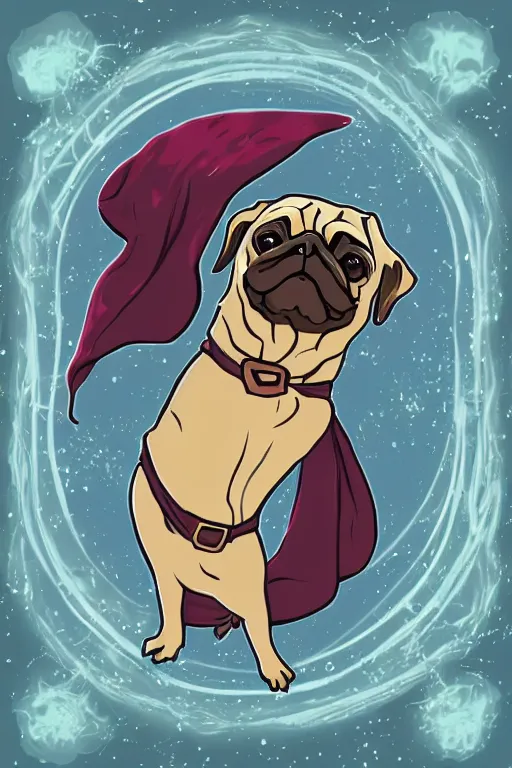 Prompt: Portrait of a pug that is a wizard casting a spell , wizard, medieval, sticker, colorful, casting epic spell, magic the gathering artwork, D&D, fantasy, artstation, heroic pose, illustration, highly detailed, simple, smooth and clean vector curves, no jagged lines, vector art, smooth