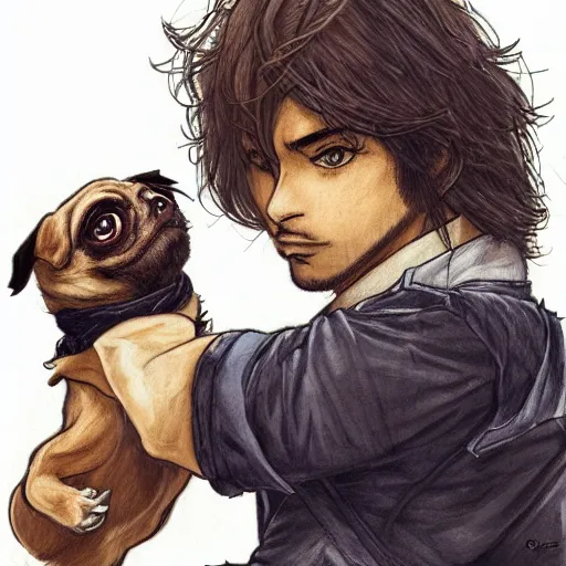 Image similar to self portrait, young white hispanic handsome man with short light brown hair and light skin and a 5 o clock shadow, holding a pug for a picture, fighting against 2 swordsmen pencil art, added detail, high definiton, colored, backfacing, illustrated by yoji shinkawa