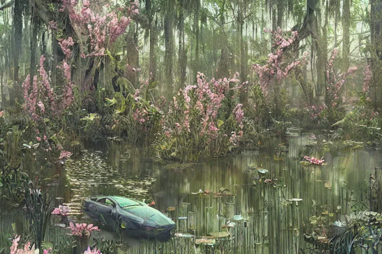 Image similar to hyperrealism, scene from louisiana swamps, starship, spring blooming flowers garden, true detective, 8 0 s japanese sci - fi books art