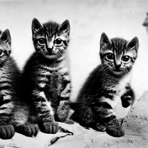 Image similar to a platoon of Vietnam era war kittens holding rifles.