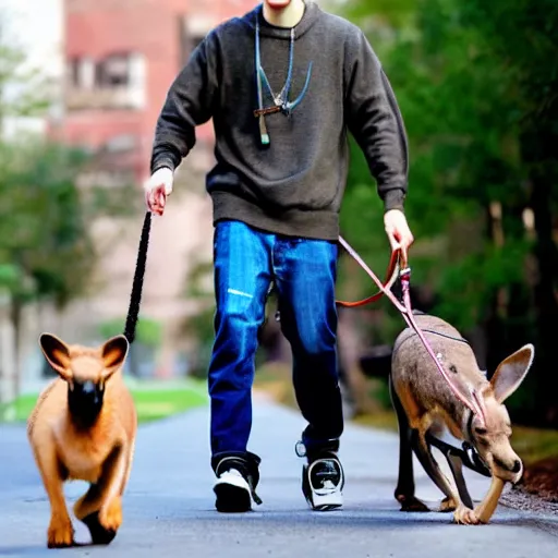 Prompt: Pete Davidson!!! walking a kangaroo, photo