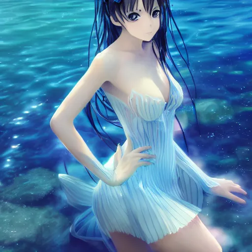 Image similar to a very beautiful anime girl wearing a dress made of water standing in a crystal lake , full body, long black hair, azure blue watery eyes, full round face, seductive stare, cinematic lighting, closeup shot, mid-shot, highly realistically detailed, trending on artstation, Unreal Engine 4k, Stanley Artgerm Lau, WLOP, Rossdraws, James Jean, Andrei Riabovitchev, Marc Simonetti, and Sakimichan