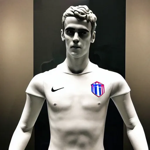 Image similar to “ a realistic detailed photo of a guy who is an attractive humanoid who is half robot and half humanoid, who is a male android, soccer player antoine griezmann, shiny skin, posing like a statue, blank stare, at the museum, on display ”