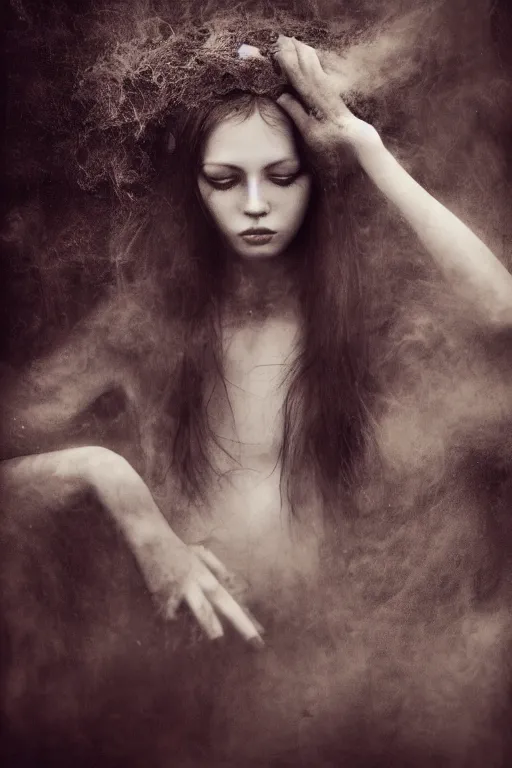 Image similar to wetplate photography inside a soul of a gorgeous young girl , searching for eternity, smoke out of her eyes, dark glowing forest in the style of stefan kostic, realistic, sharp focus, 8k high definition, high fashion, vogue, insanely detailed, soft light, colorful smoke, intricate, elegant, art by stanley lau and artgerm, sigma 85mm art