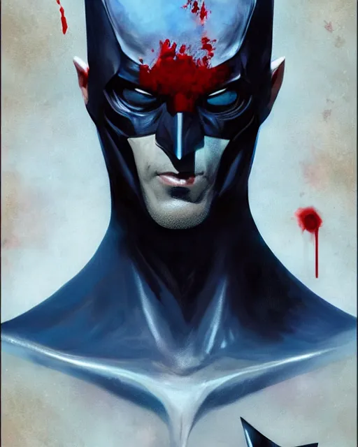 Image similar to character portrait of a slender young batman with blood stains in his face, piercing bright blue eyes, and pale skin, by greg rutkowski, mark brookes, jim burns, tom bagshaw, trending on artstation