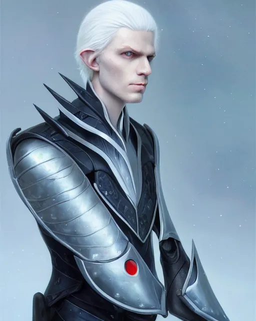 Image similar to character portrait of a slender young white haired half elven man with piercing blue eyes and pale bluish skin, wearing smooth sleek pearlescent black wraithbone powerarmor, by greg rutkowski and mark brookes and jim burns and tom bagshaw and magali villeneuve, trending on artstation