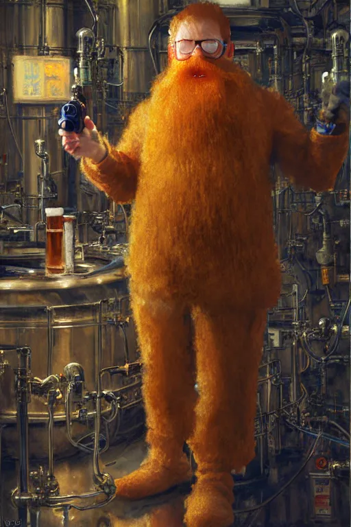 Image similar to full - body portrait of bearded ginger man wearing scientist costume taking photos of beer, by donato giancola, craig mullins, jeremy mann, face details, extremely detailed, bokeh, photorealistic, reflections, digital illustration