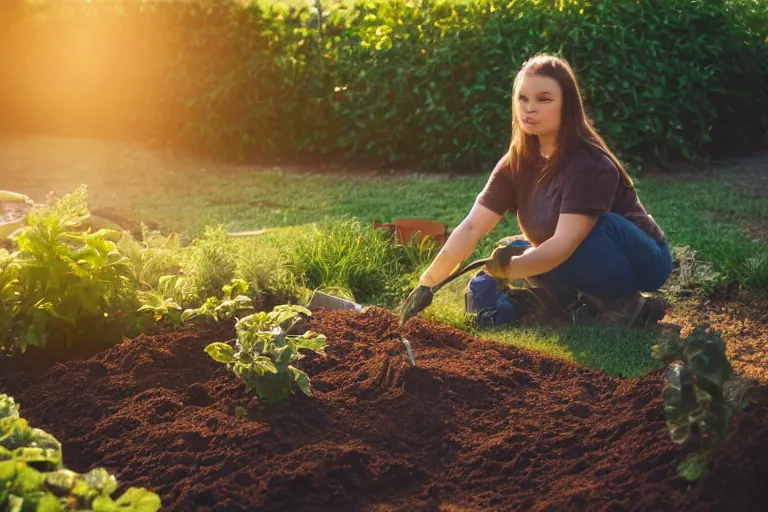 Prompt: a beautiful young brunette, slightly overweight, working in the garden at golden hour, dutch angle, 8k