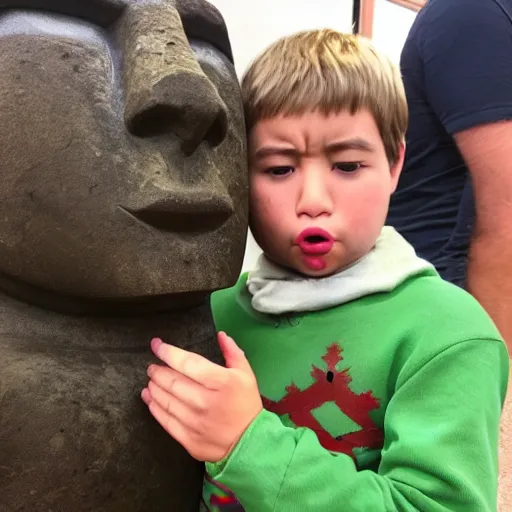 Image similar to a kid with a pouty face looking very dissapointed that his christmas present was a large moai statue with a bow on it | iphone photograph