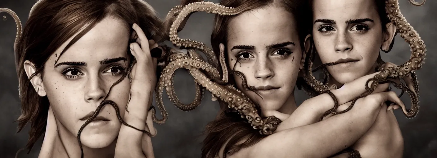 Prompt: emma watson with tentacles and claws horror portrait