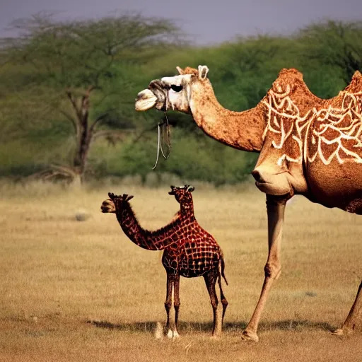 Prompt: A camel and a giraffe walking along a barbed wire