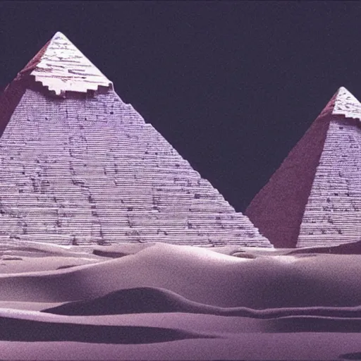 Prompt: ancient snow white pyramids. Cinematic lighting. Art by moebius