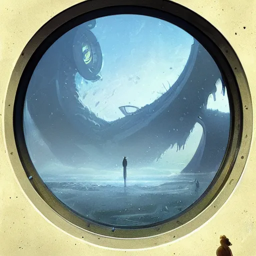 Image similar to Perspective Through the spaceship porthole window, wide shot, broad detail, outside there is a shadow monster by Greg Rutkowski