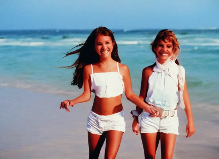 Prompt: 90's Professional Color Photography, Nikon, Two girls in white walking on the beach, smile for cam, Summer