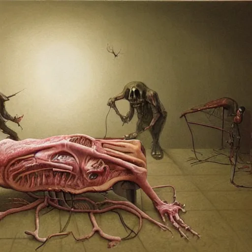 Prompt: a hyperrealistic painting of an alien autopsy, by john kenn mortensen and zdzislaw beksinski, highly detailed, vivid color,