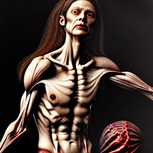 Image similar to female werewolf with translucent skin, visible muscles and veins and arteries and bones and spine and nerves, beautiful detailed intricate insanely detailed octane render, 8K artistic photography, photorealistic, chiaroscuro, by David Cronenberg, Raphael, Caravaggio