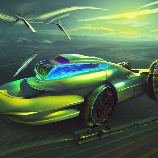 Image similar to solarpunk hovercar, clean energy, green technology, highway, sunny day, atmosphere, futurism, intricate, engines, glow, highly detailed, drone wings, peaceful, utopia, bright, digital painting, artstation, concept art, smooth, sharp focus, epic landscape, art by akihiko yoshida and tim mcburnie and anato finnstark