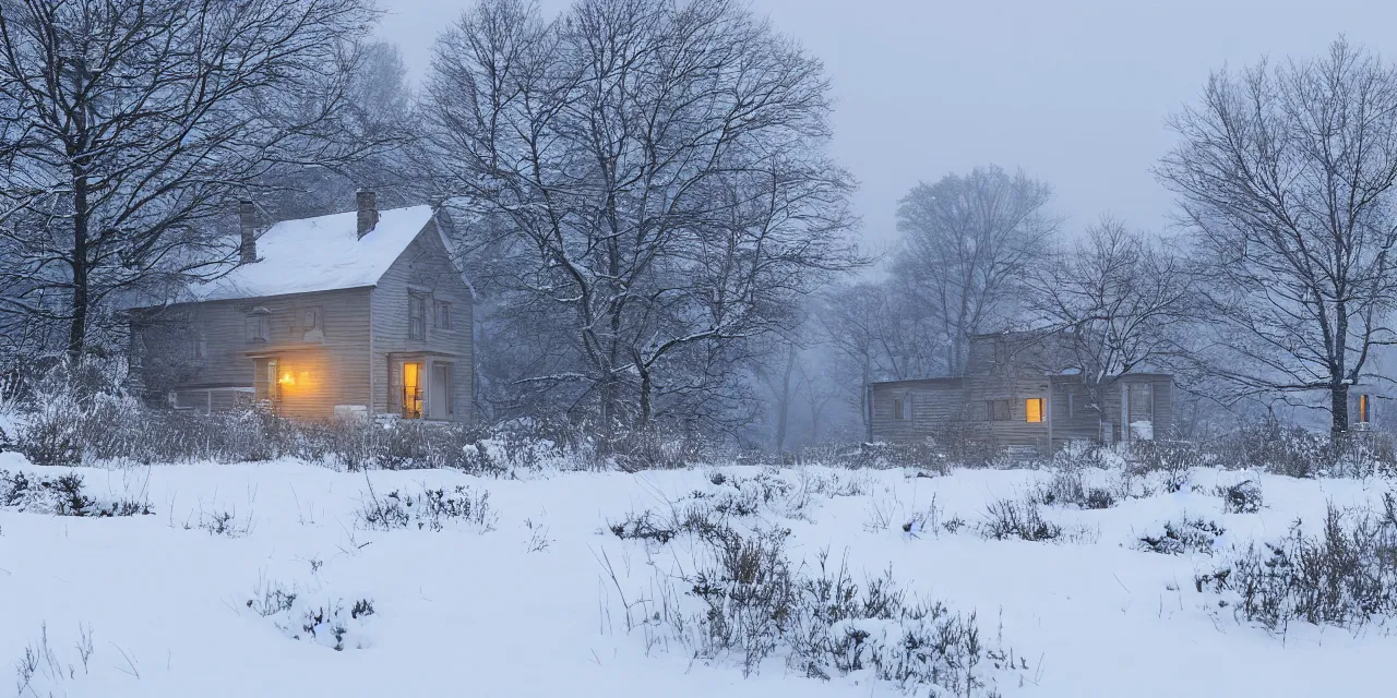 Prompt: blizzard with cottage in clearing obscured by snow, the windows are lit, 4k, realistic, cinematic