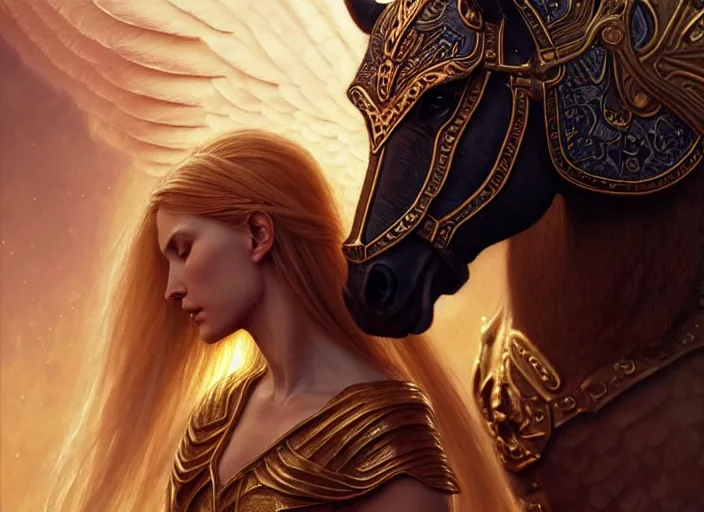 Prompt: closeup of demonic horse and angelic woman in armour, passionate pose, intricate, elegant, golden glow, sharp focus, soft bokeh, illustration, highly detailed, concept art, matte, trending on artstation, bright colors, 3 d 8 k, art by wlop and artgerm and greg rutkowski, mucha, giger, marvel comics, beksinski