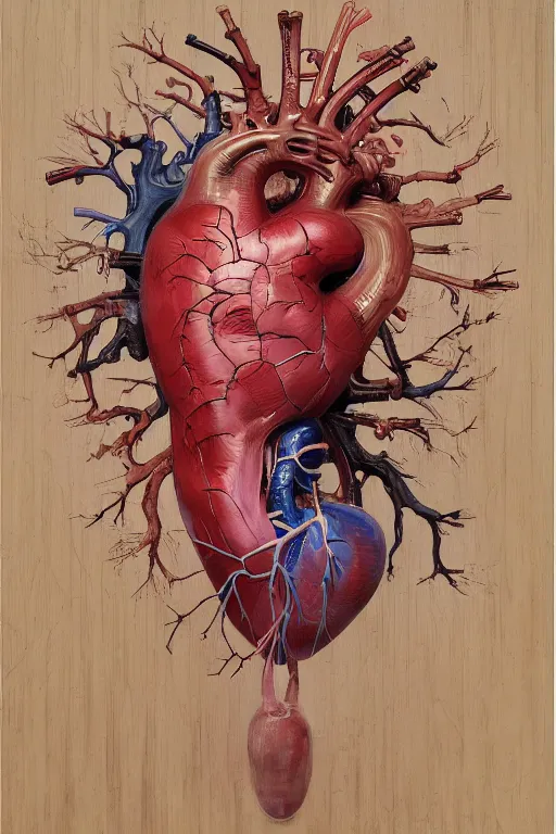 Image similar to accurate anatomical heart imagined as wood board painting palette, painted by ruan jia, raymond swanland, lawrence alma tadema, zdzislaw beksinski, norman rockwell, jack kirby, tom lovell, alex malveda, greg staples, artgerm, greg rutkowski and alphonse mucha