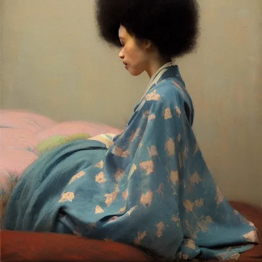 Prompt: girl with mini afro and large hips, in kimono, backview, sitting on edge of bed, by jeremy lipking, tim rees, joseph todorovitch