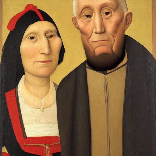 Image similar to a 3 / 4 portrait of an older nice jewish couple from 1 5 0 0 s, by grant wood