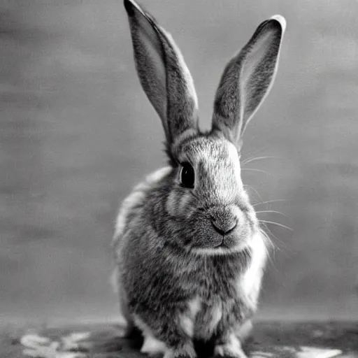 Image similar to a rabbit wearing a ww1 uniform posing in no man's land, black and white grainy photograph