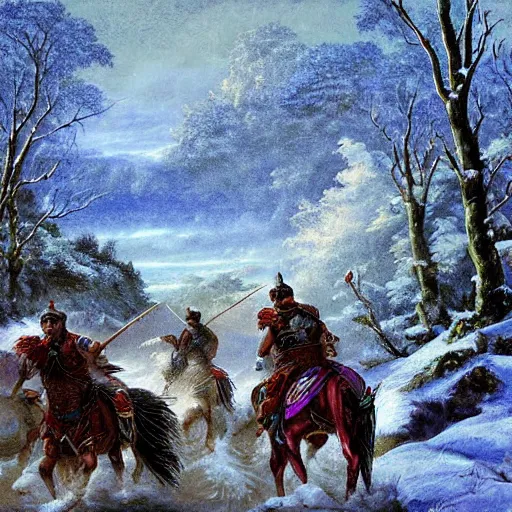 Prompt: digital art savage indians on the warpath riding horses through a rocky creek in the snow