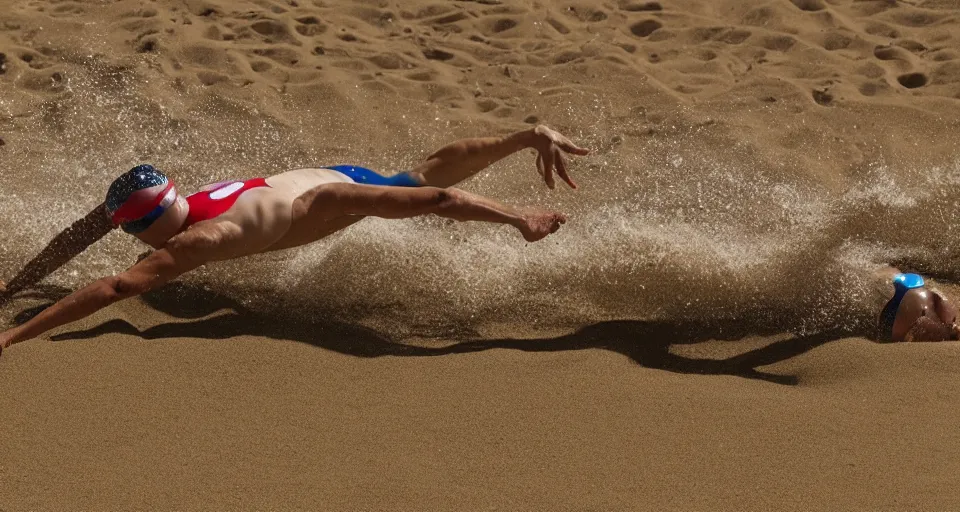 Image similar to olympic swimming in sand instead of water, extremely coherent, motion blur