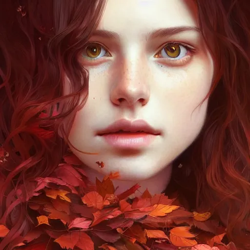 Image similar to girl with super long hair, hair becoming autumn red leaves, intricate, highly detailed face!!, digital painting, artstation, concept art, smooth, sharp focus, illustration, unreal engine 5, 8 k, art by artgerm and greg rutkowski and alphonse mucha