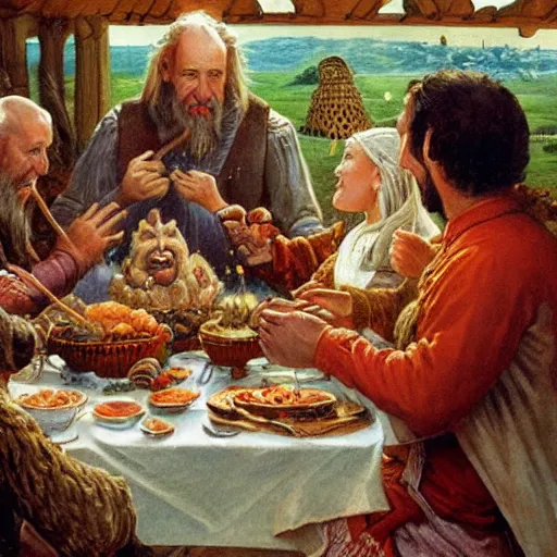 Image similar to the first Thanksgiving, Darrell K Sweet, artstation, digital art, johfra bosschartau