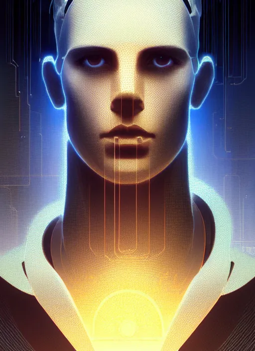 Image similar to symmetry!! portrait of a man made of rocks, sci - fi -, cyberpunk, blade runner, glowing lights, tech, biotech, techwear!! intricate, elegant, highly detailed, digital painting, artstation, concept art, smooth, sharp focus, blur, short focal length, illustration, art by artgerm and greg rutkowski and alphonse mucha