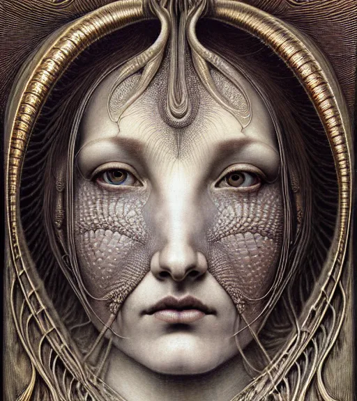Image similar to detailed realistic beautiful horn goddess face portrait by jean delville, gustave dore, iris van herpen and marco mazzoni, art forms of nature by ernst haeckel, art nouveau, symbolist, visionary, gothic, neo - gothic, pre - raphaelite, fractal lace, intricate alien botanicals, biodiversity, surreality, hyperdetailed ultrasharp octane render