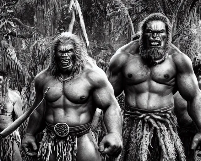 Image similar to hyper realistic group vintage photograph of a live action warcraft orc warrior tribe in the jungle, tall, hulk like physique, detailed faces, tribal paint, tribal armor, grain, old, monochrome, sepia toned, realistic lighting, wide angle