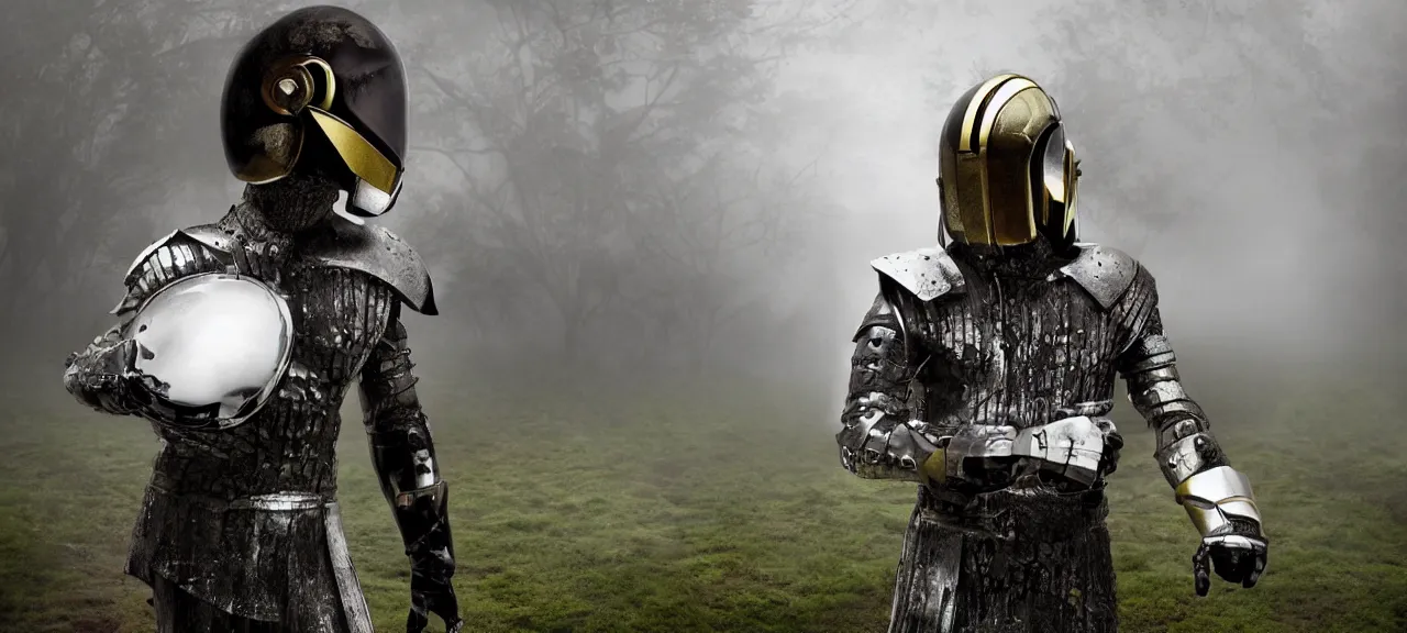 Prompt: gladiator in a daft punk helmet fighting for his life in an abandoned building covered in moss, rainy and foggy