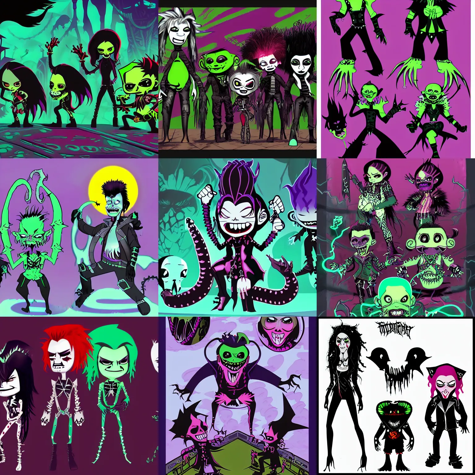 Prompt: gothic punk rocker vampiric electric glow in the dark vampire kraken character designs by genndy tartakovsky and rad sechrist and Jamie Hewlett from gorrilaz and tim shafer for a 2d platform game