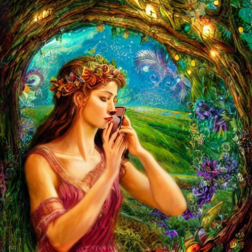 Image similar to a nature goddess checking her cell phone by senior concept artist josephine wall, acrylic on canvas, intricately detailed, high resolution trending on artstation