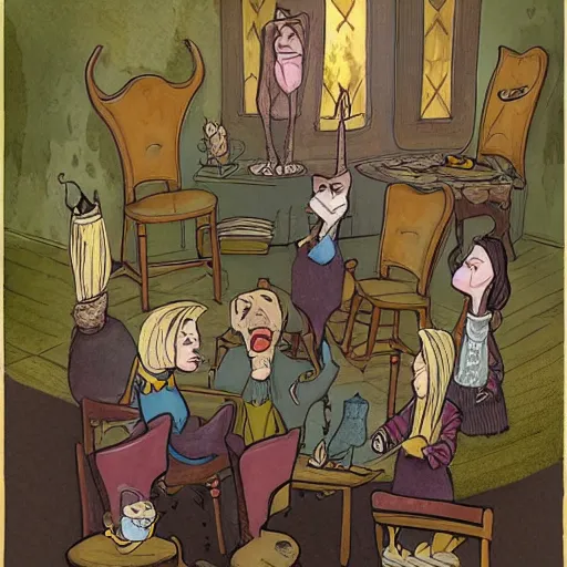 Image similar to a group of cartoon characters standing around a chair, a storybook illustration by tony diterlizzi, deviantart contest winner, gothic art, storybook illustration, official art, tarot card