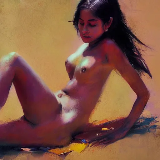 Prompt: a realistic hyperdetailed multi - colored digital oil full body portrait painting of a an indian woman sunbathing, beautiful, the style of guy denning, ruan jia, and craig mullins. trending on artstation and deviantart. cgsociety digital art.